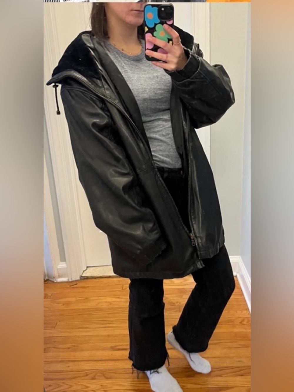 Oversized Black Leather Hooded Jacket Size Large EUC